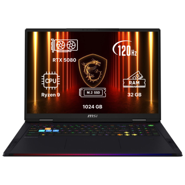 Ноутбук MSI Raider A18 HX 18"/ Ryzen 9 9955HX/ GeForce RTX 5080/ 32GB/ 1TB SSD/ A9WIG-212XUA (9S7-182L72-212) Core Black